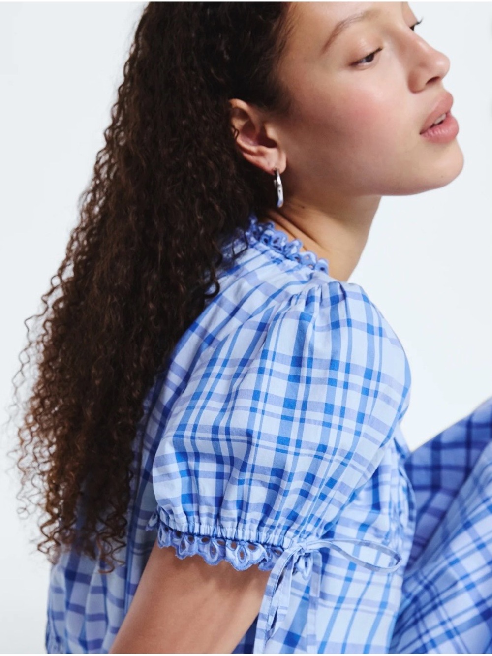 NEW Light Blue Plaid Puff Sleeve Top